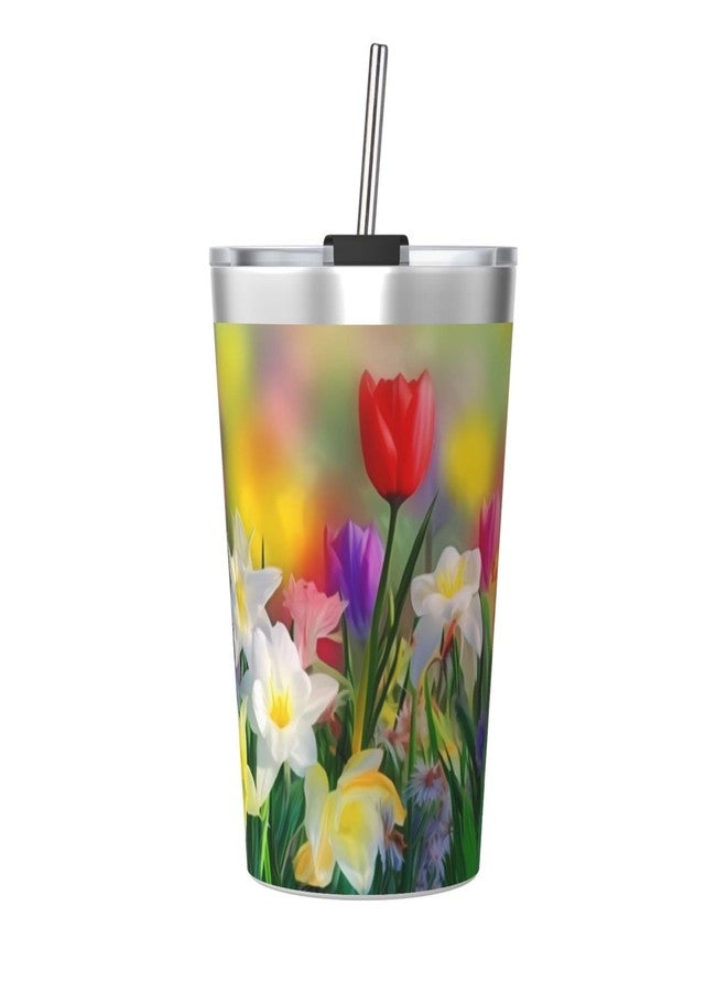 Dewoofly Spring Floral 12 OZ Insulated Tumbler Mug with Lid Straw, Summer Colorful Flowers Double Wall Vacuum Insulated Travel Coffee Cup for Hot and Cold Drinks - Image 1